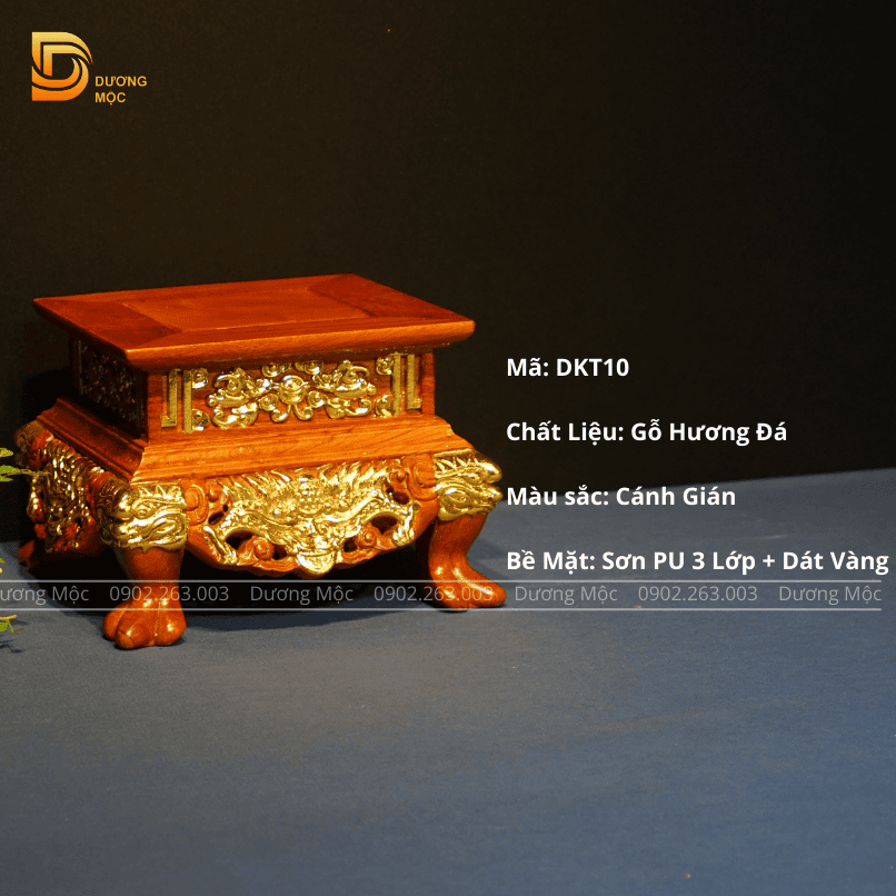 Đôn Vuông Gỗ Hương Chạm Rồng Dát Vàng 20x16 DTK10