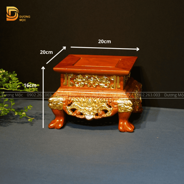 Đôn Vuông Gỗ Hương Chạm Rồng Dát Vàng 20x16 DTK10 - Ảnh 3