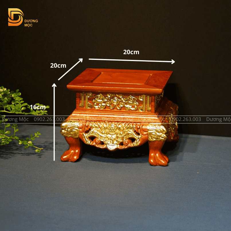 Đôn Vuông Gỗ Hương Chạm Rồng Dát Vàng 20x16 DTK10