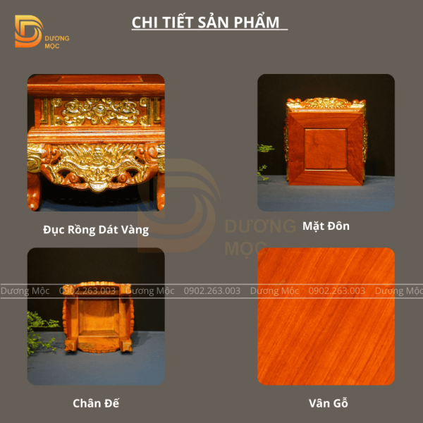 Đôn Vuông Gỗ Hương Chạm Rồng Dát Vàng 20x16 DTK10 - Ảnh 8