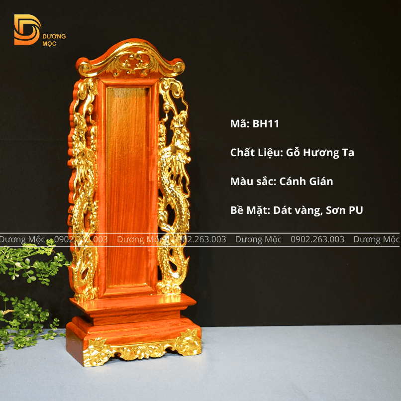 Bài Vị Thờ Song Long Gỗ Hương Dát Vàng Cao 58 cm BH11