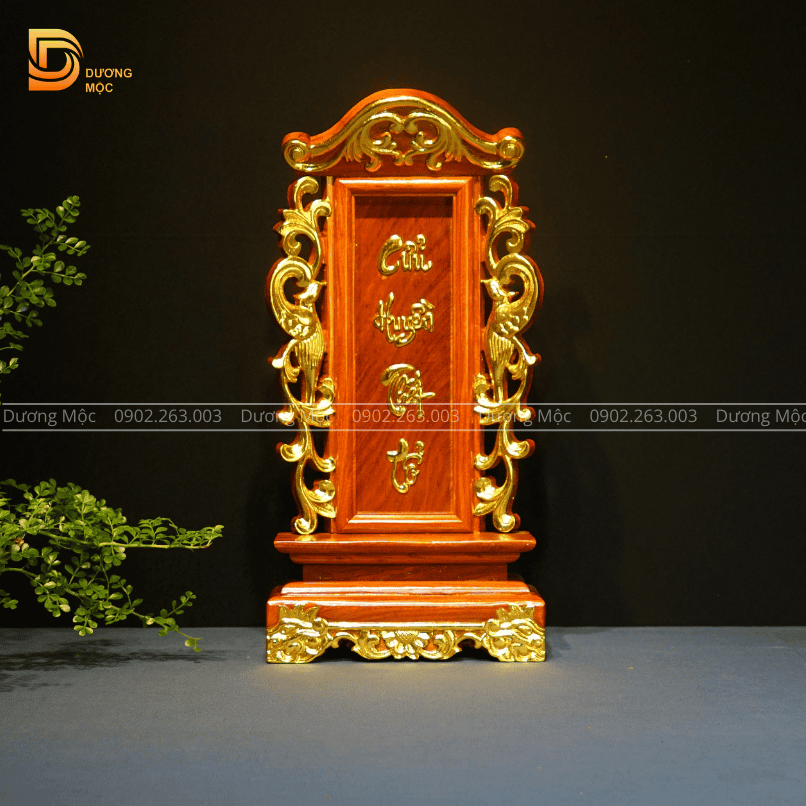 Bài Vị Thờ Song Phụng Gỗ Hương Dát Vàng Cao 48 cm BH18