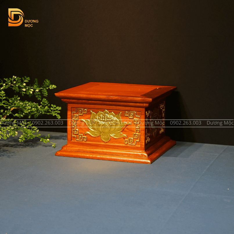 Đôn Vuông Gỗ Hương Chạm Sen Dát Vàng 30x20 DKT21 - Ảnh 5
