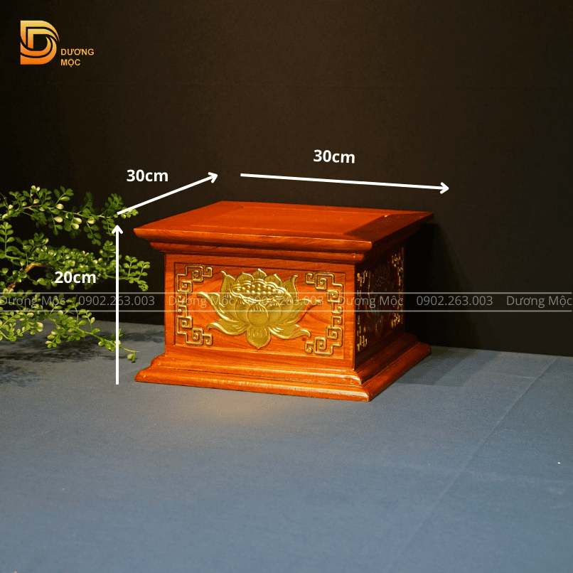 Đôn Vuông Gỗ Hương Chạm Sen Dát Vàng 30x20 DKT21 - Ảnh 3