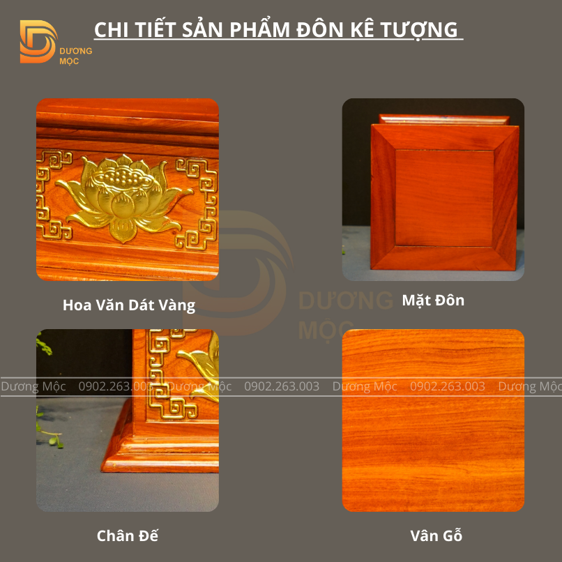 Đôn Vuông Gỗ Hương Chạm Sen Dát Vàng 30x20 DKT21