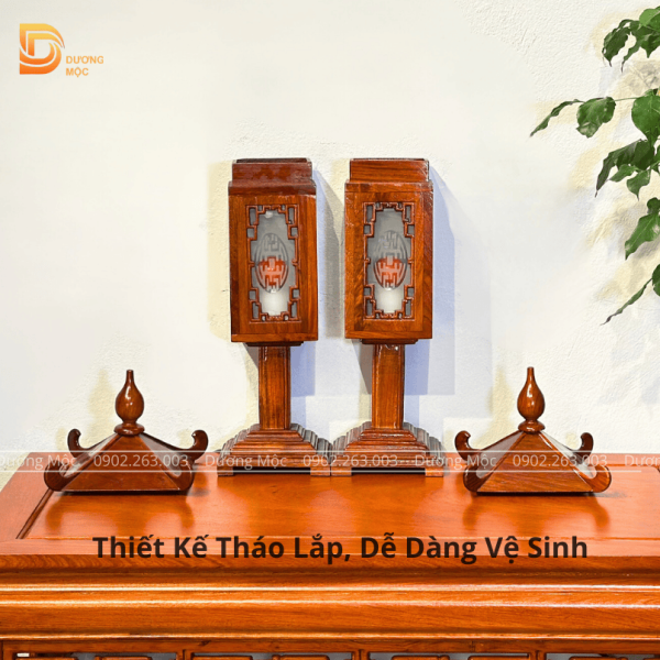 Cặp Đèn Thờ Gỗ Hương Mặt Kính DT04 - Ảnh 4