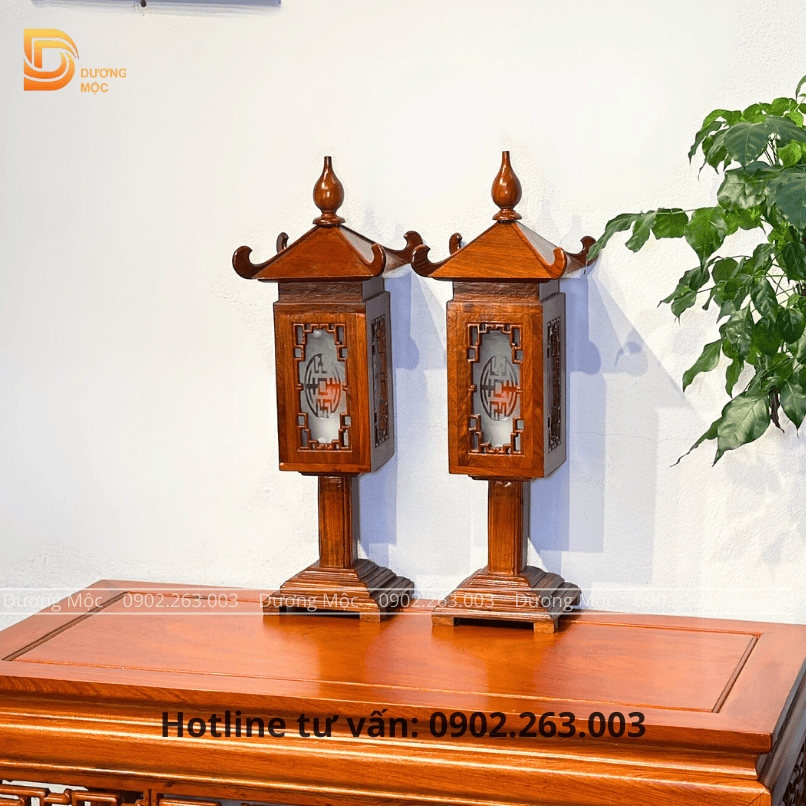 Cặp Đèn Thờ Gỗ Hương Mặt Kính DT04