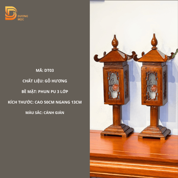 Cặp Đèn Thờ Gỗ Hương Mặt Kính DT04 - Ảnh 2