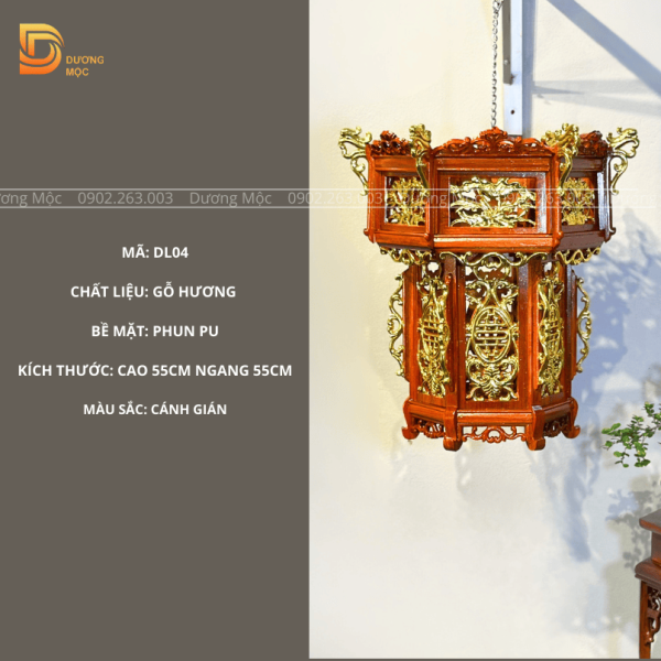 Đèn Lồng Gỗ Hương Hoa Sen Dát Vàng 55cm DL04 - Ảnh 2