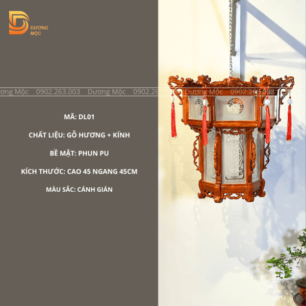 Đèn Lồng Gỗ Hương Mặt Kính 45cm DL01 - Ảnh 2