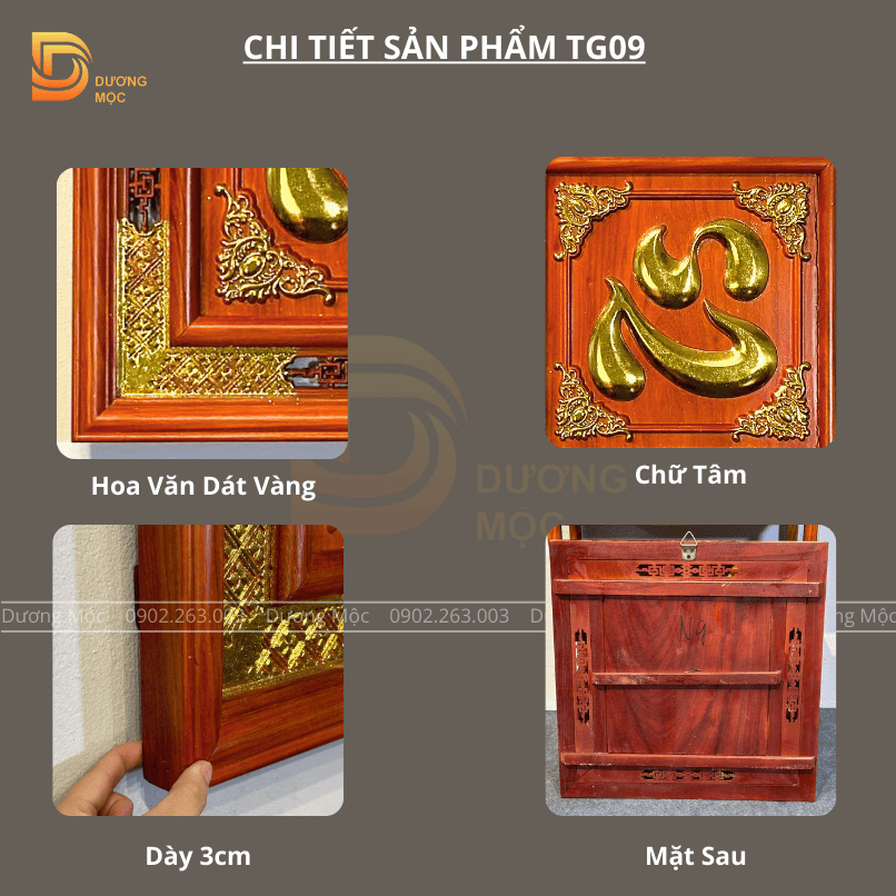 Tranh Chữ Tâm Gỗ Hương Dát Vàng TG09 - Ảnh 8